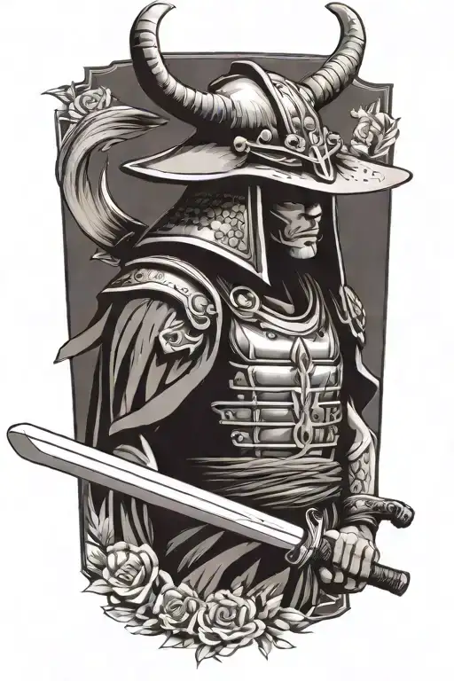 A samurai warrior with a bull skull helmet and a katana sword tattoo design idea