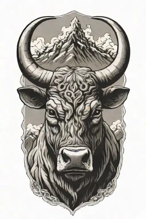 minimalistic bull's head with 2 thick horns with majestic mountains behind him tattoo design idea