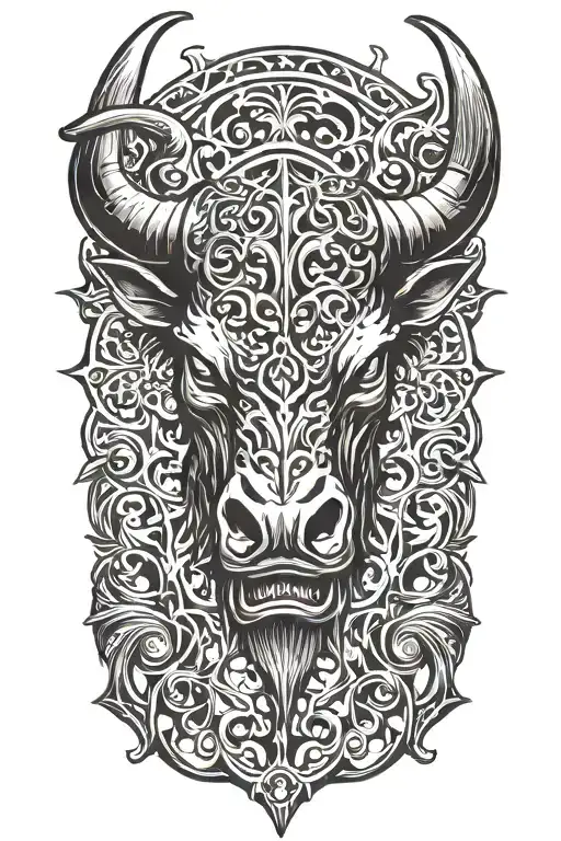enraged bull's head with 2 thick horns tattoo design idea