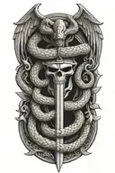 A police badge intertwined with a snake and dagger design tattoo design idea
