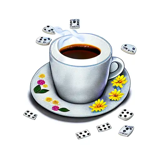 flowers flowing around a coffee cup and dominos that says five five five  tattoo design idea