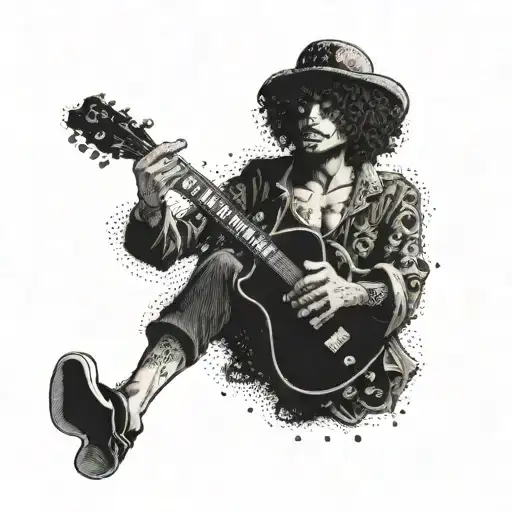 A realistic portrait of Brook from One Piece playing a heavy metal guitar solo under a starry night sky tattoo design idea