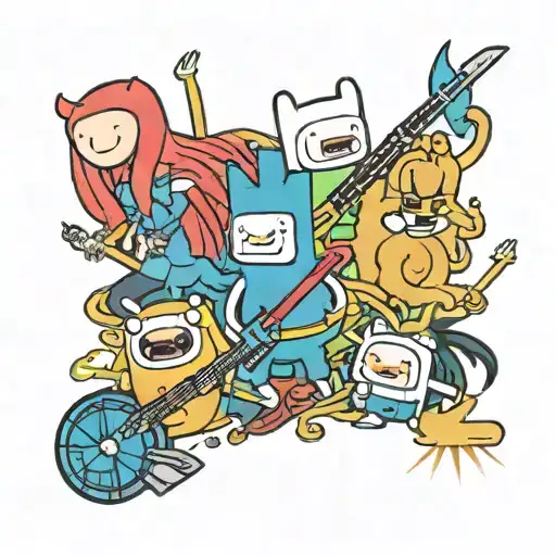 A tattoo design of the Adventure Time characters dressed as 80's rock stars in a sketch style tattoo design idea
