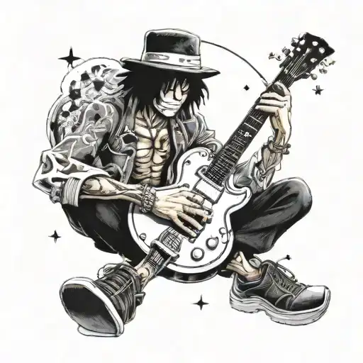 A realistic portrait of Brook from One Piece playing a heavy metal guitar solo under a starry night sky tattoo design idea