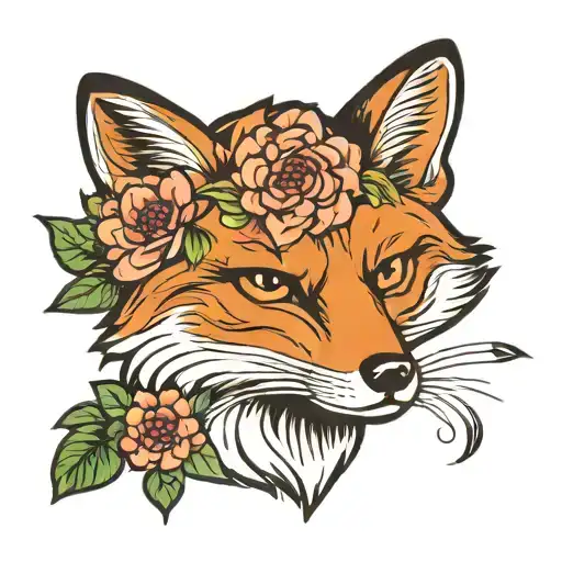 american traditional fox with peony flowers tattoo design idea