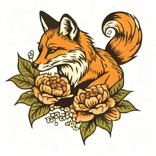 american traditional fox with peony flowers  tattoo design idea