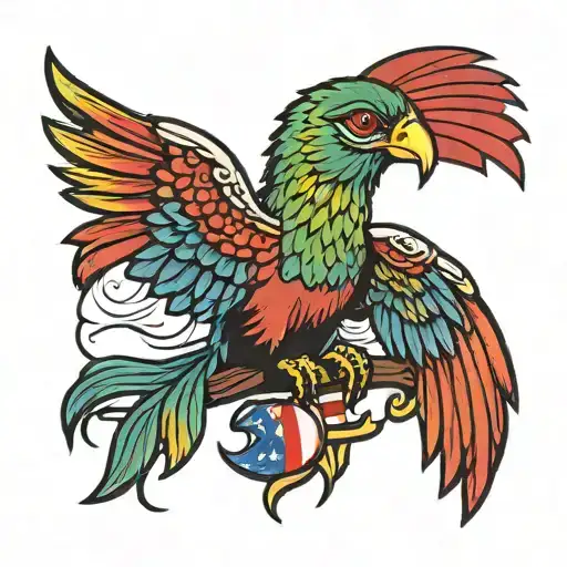 quetzal bird holding puerto rican flag in sunset sky tattoo design idea