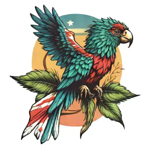 Quetzal bird holding puerto rican flag in sunset sky tattoo design idea