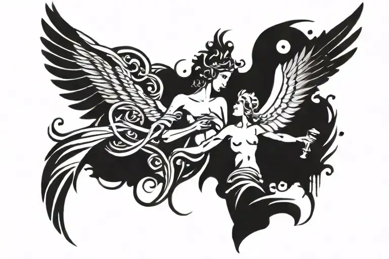 statue and angel tattoo design idea