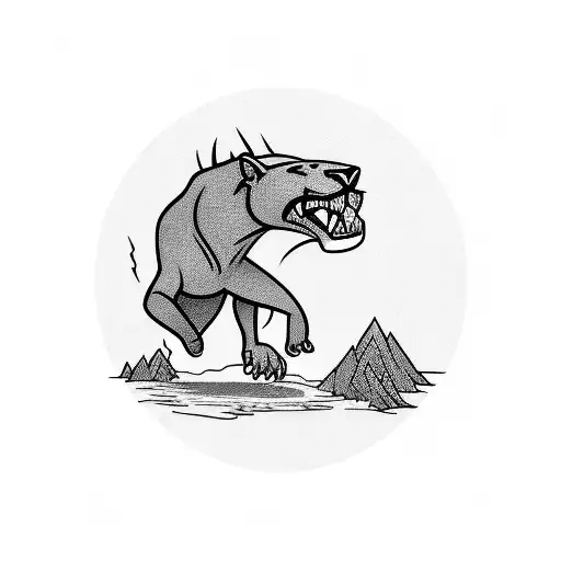 A panther leaping over a cricket stumps in a jungle landscape in a blackwork style tattoo design idea