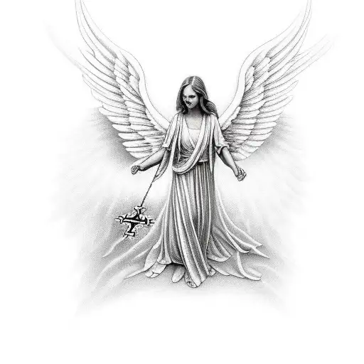 an angel with open wings carrying a cross tattoo design idea