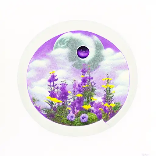 half moon with violet flowers growing from moon with deep purple amethyst towers growing   tattoo design idea