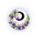 half moon with violet flowers growing from moon with deep purple amethyst towers growing   tattoo design idea