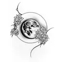 moon with violet flowers growing from moon with deep purple amethyst towers growing   with name Emylee in middle tattoo design idea