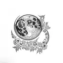 moon with violet flowers growing from moon with deep purple amethyst towers growing   with name Emylee in middle tattoo design idea