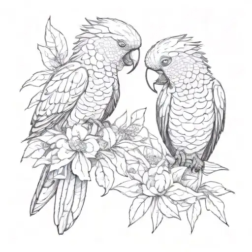 a male and a female black cockatoo with a Waratah flower tattoo design idea