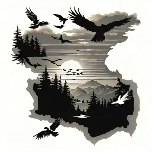 A tattoo design showcasing the American and Canadian landscapes, with five birds flying overhead to symbolize your siblings, in a black-grey style tattoo design idea