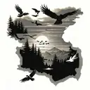 A tattoo design showcasing the American and Canadian landscapes, with five birds flying overhead to symbolize your siblings, in a black-grey style tattoo design idea