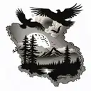 A tattoo design showcasing the American and Canadian landscapes, with five birds flying overhead to symbolize your siblings, in a black-grey style tattoo design idea