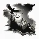 A tattoo design showcasing the American and Canadian landscapes, with five birds flying overhead to symbolize your siblings, in a black-grey style tattoo design idea
