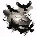 A tattoo design showcasing the American and Canadian landscapes, with five birds flying overhead to symbolize your siblings, in a black-grey style tattoo design idea