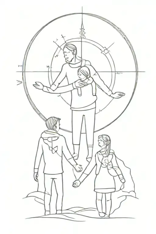 compass, father with daughter on shoulders, two sons holding hands  tattoo design idea