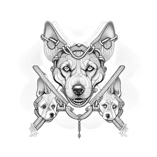 Cerberus three headed dog with chains and Greek structures  tattoo design idea