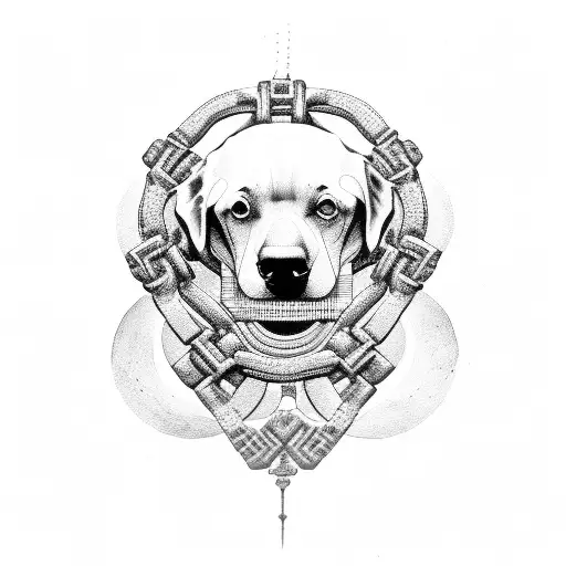 Cerberus three headed dog with chains and Greek structures  tattoo design idea