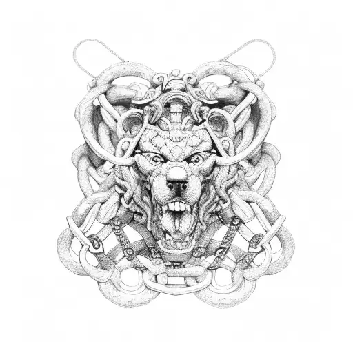 Cerberus with chains and Greek structures  tattoo design idea