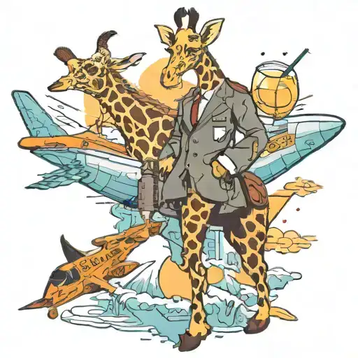 A giraffe in a pilot outfit flying a plane over various famous cocktail bars around the world tattoo design idea