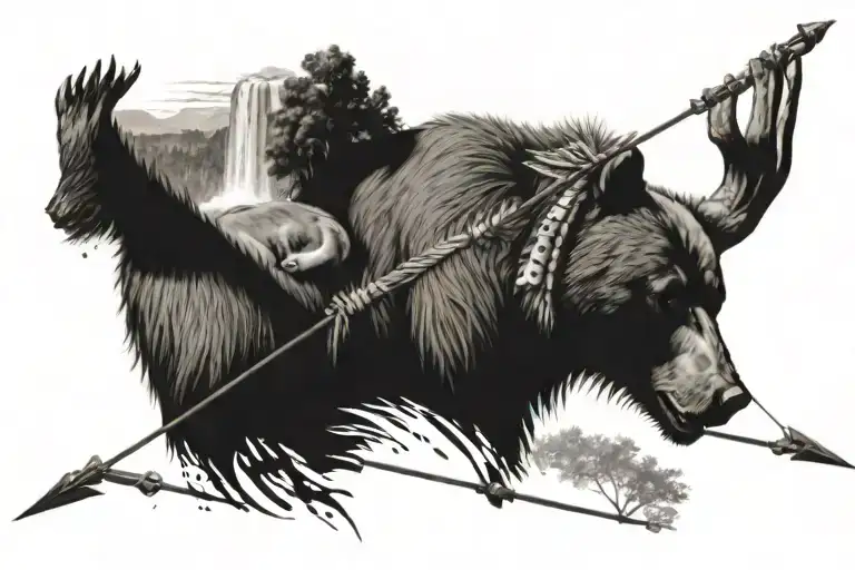 Indian wearing a head dress shooting a bear with arrow through its head with trees and waterfall in the background  tattoo design idea