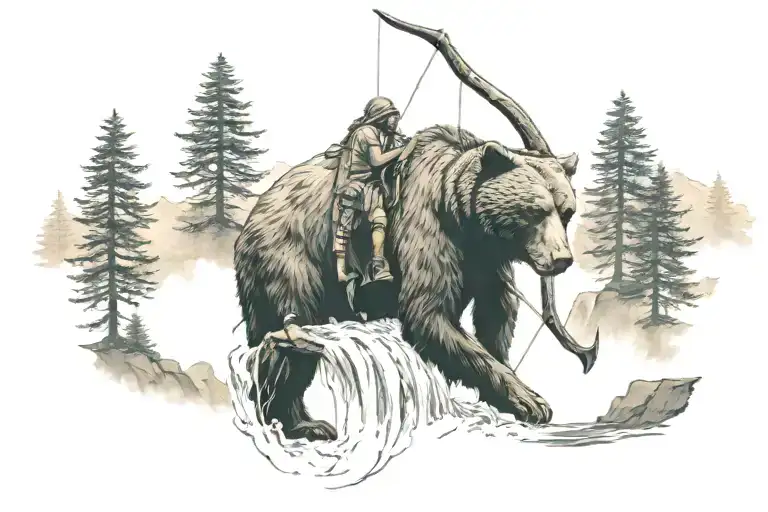 Indian wearing shooting a bear with a bow and arrow looking at eachother with trees and waterfall in the background  tattoo design idea