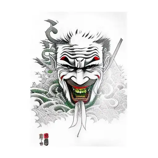 ronin joker in the forest holding a dagger in his mouth carvng a smile tattoo design idea