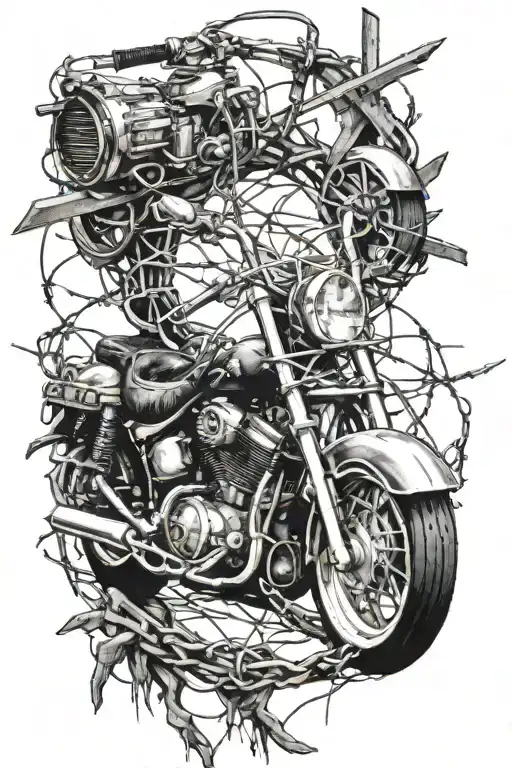 cross with motorcycle and barbed wire tattoo design idea