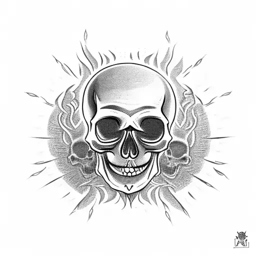 skull with black flames, orange smiley instead of eyes. the top of the skull is cut, and replaced by an olive tree, a be tattoo design idea