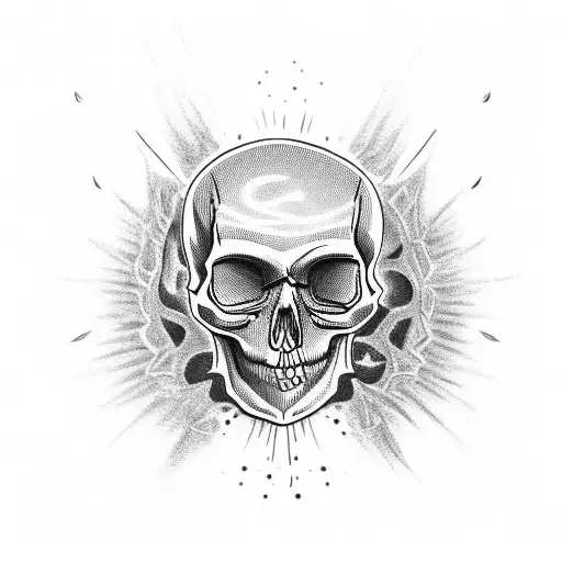 skull with black flames, orange smiley instead of eyes. the top of the skull is cut, and replaced by an olive tree, a be tattoo design idea