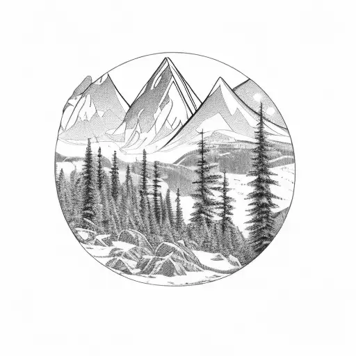 A mountain landscape with a hidden waterfall and a camera lens peeking out from behind the trees tattoo design idea