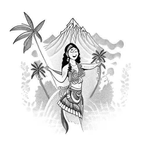 A dotwork tattoo of a Hawaiian hula dancer with a waterfall flowing from her skirt, surrounded by palm trees and a mountain range in the background tattoo design idea