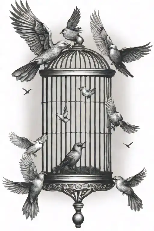 birds flying out of the top of an open cage tattoo design idea