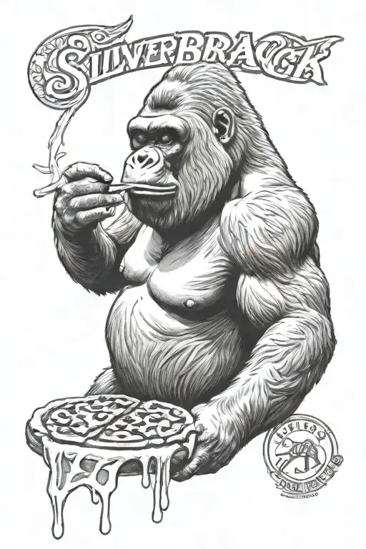 Silverback gorilla eating pizza tattoo design idea
