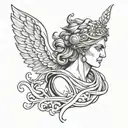 Create a tattoo of a Greek god or goddess with Russian Cyrillic script as part of the design tattoo design idea