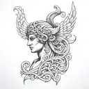 Create a tattoo of a Greek god or goddess with Russian Cyrillic script as part of the design tattoo design idea