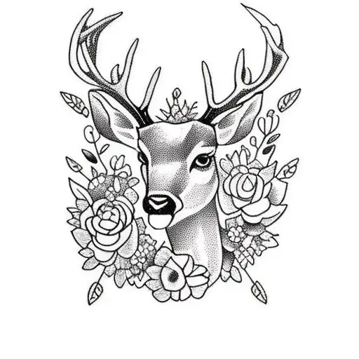 deer head with flowers and banner tattoo design idea