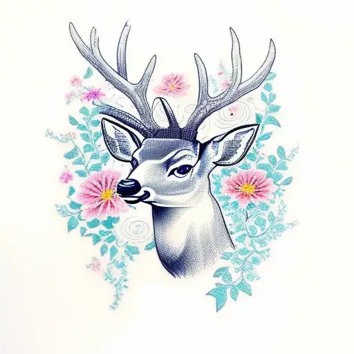 deer with flowers tattoo design idea