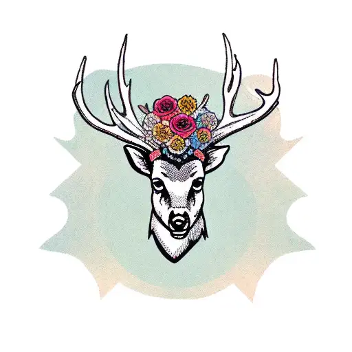 deer head with flowers and banner tattoo design idea