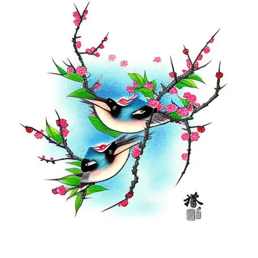 bird and cherry tree tattoo design idea