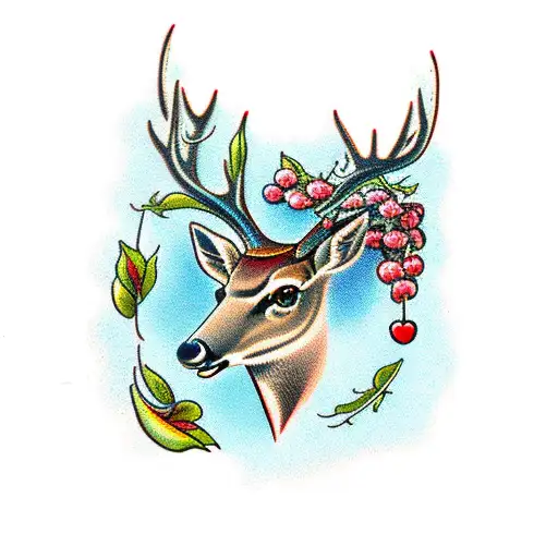deer, bird, and cherry tree tattoo design idea