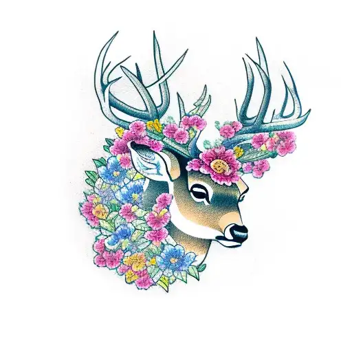 deer with flowers tattoo design idea