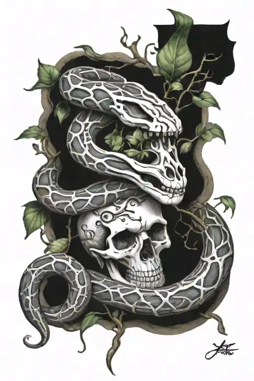 snake skeleton entwined with vines wrapped loosely tattoo design idea