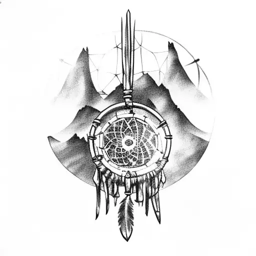 crossed tomahawks and dreamcatcher tattoo design idea